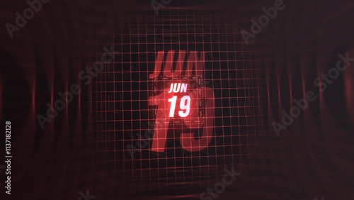 19 June. Calendar with number and month in neon red with grid background. 4k.  photo