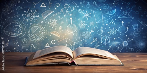 Open textbook with science and math symbols and equations, knowledge, education, learning, school, STEM, mathematics