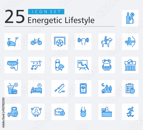ENERGETIC LIFESTYLE ICON SET BLUE STYLE with no alcohol, exercise machine, bike, football, dumbbell, horseback riding, archery, scuba diving, fishing and skateboard