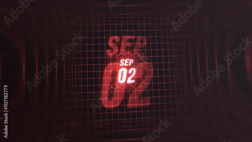 2 September. Calendar with number and month in neon red with grid background. 4k.  photo