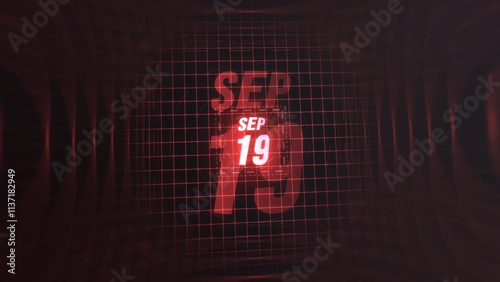 19 September. Calendar with number and month in neon red with grid background. 4k.  photo