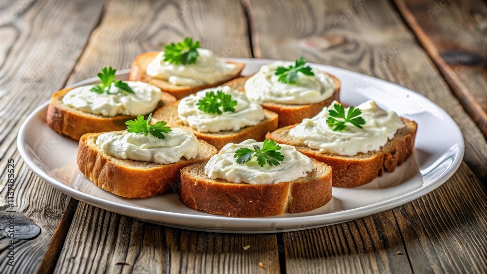 Plate with slices of bread topped with creamy spread, breakfast, delicious, toast, bakery, snack, homemade, butter, sandwich Plate with slices of bread topped with creamy spread, breakfast, delicious, toast, bakery, snack, homemade, butter, sandwich