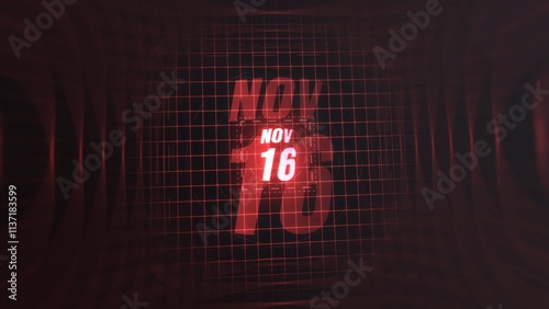 16 November. Calendar with number and month in neon red with grid background. 4k.  photo