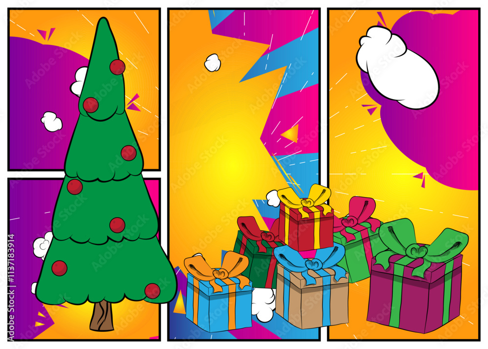 Naklejka premium Cartoon Gift Box and Christmas decorated pine tree, comic book Celebration Retro vector comics pop art design.