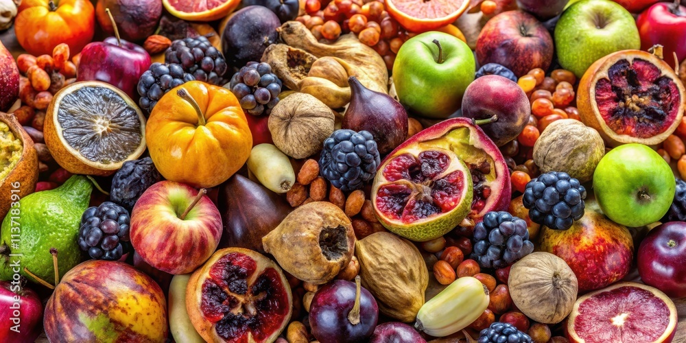 A mix of spoiled, rotten, dried, and moldy fruits such as pomegranate, apple, pear, plum, grape, apricot, quince, kiwi A mix of spoiled, rotten, dried, and moldy fruits such as pomegranate, apple, pear, plum, grape, apricot, quince, kiwi