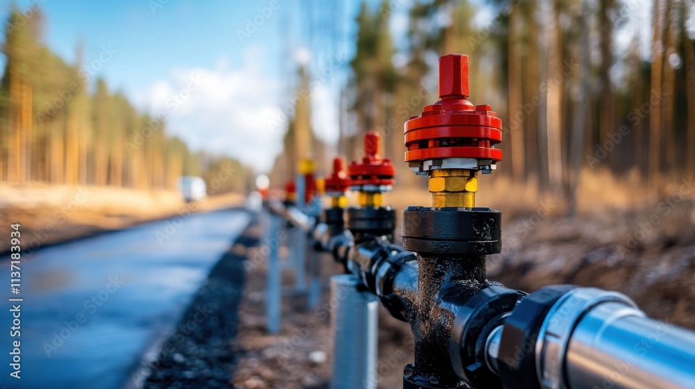 Red valve on pipeline in an outdoor forest setting with sunlight and blurred background showing nature Red valve on pipeline in an outdoor forest setting with sunlight and blurred background showing nature