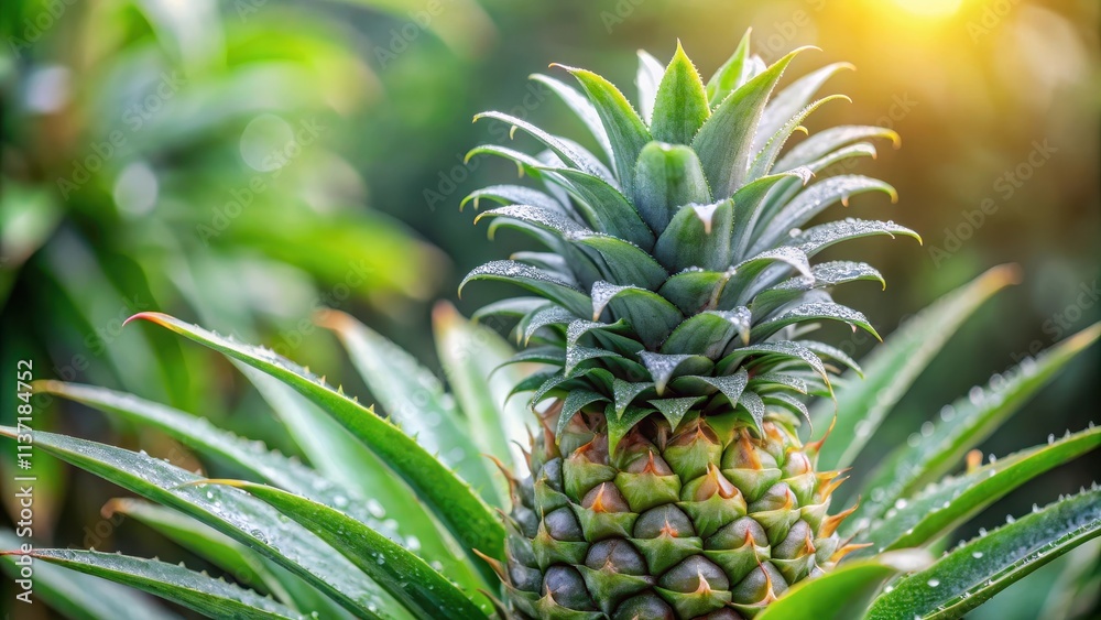 Fototapeta premium Close-up of a pineapple plant with dew drops on its spiky leaves, pineapple, plant, tropical, exotic, fruit, growth
