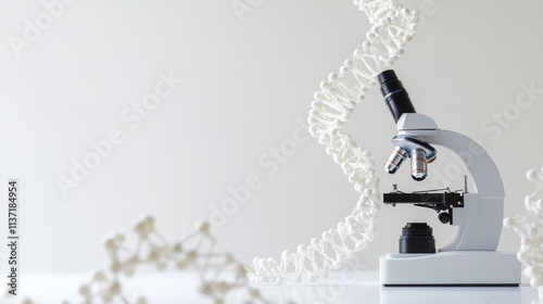 A scientific World Science Day scene with a microscope and DNA strand against a white background, macro shot, Minimalist style photo