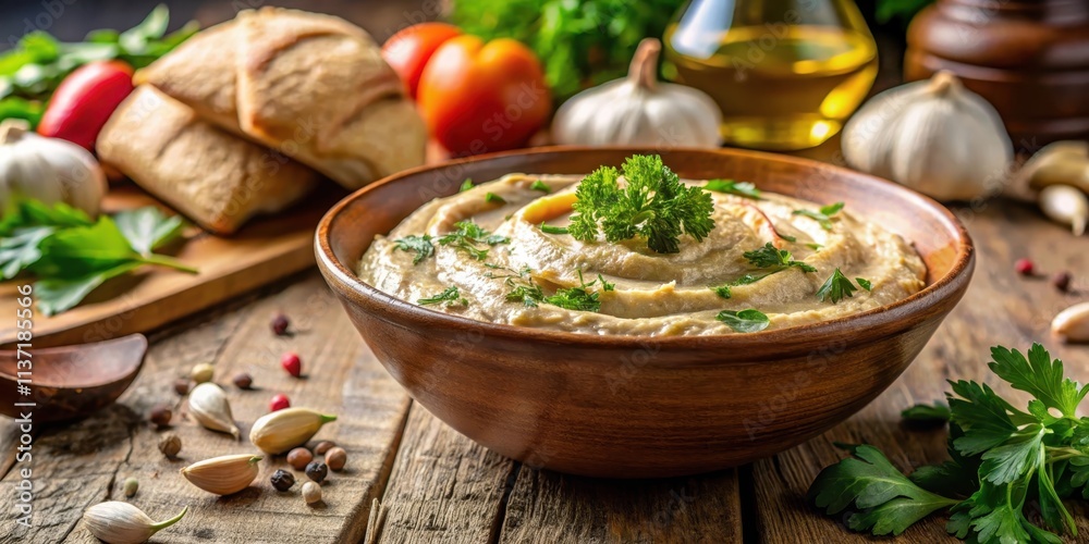 Delicious baba ganoush in a deep still life setting, food, roasted eggplant, Middle Eastern cuisine, smoky, dip Delicious baba ganoush in a deep still life setting, food, roasted eggplant, Middle Eastern cuisine, smoky, dip