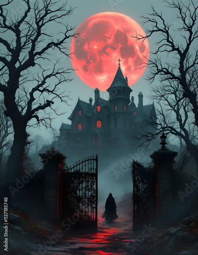 A cursed gothic mansion under a blood-red moon, eerie shadows, glowing windows, and sinister secrets. photo