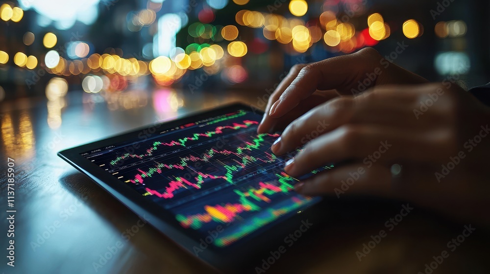 Fototapeta premium Hands Holding Tablet Displaying Colorful Financial Charts