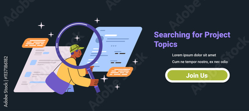 Man searching project topics with magnifying glass digital documents dark background website banner