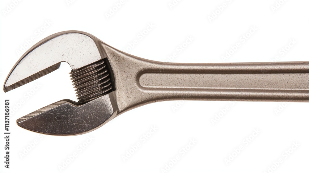 A shiny adjustable wrench with a smooth handle and a toothed jaw, ideal for gripping nuts and bolts in various mechanical tasks. A shiny adjustable wrench with a smooth handle and a toothed jaw, ideal for gripping nuts and bolts in various mechanical tasks.