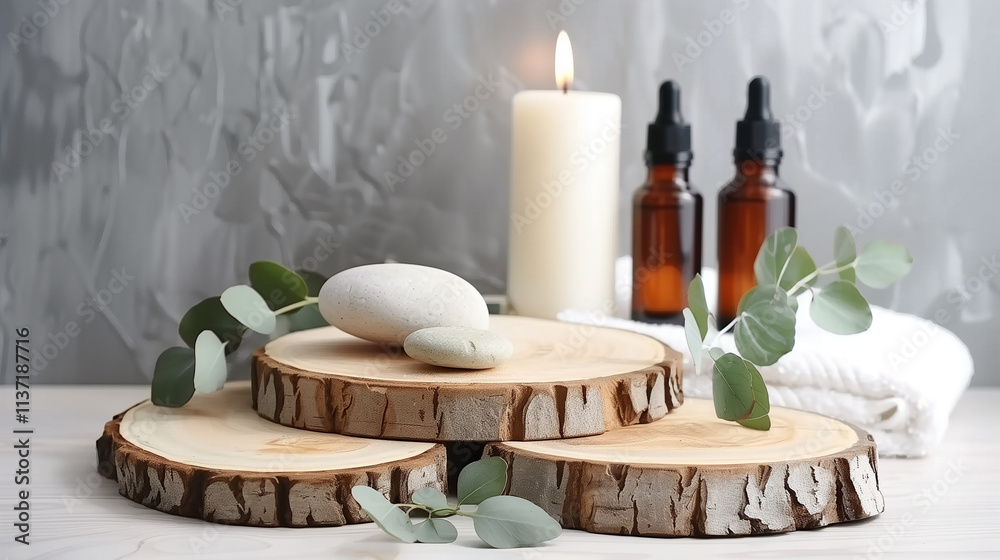 Green Leaf and Candle Spa Arrangement on Wooden Slice with Towel and Hot Stones - Ethereal Grey Background Composition