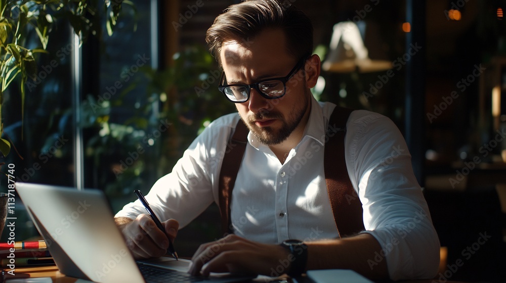 Focused Man Working on Laptop in Cafe Focused Man Working on Laptop in Cafe