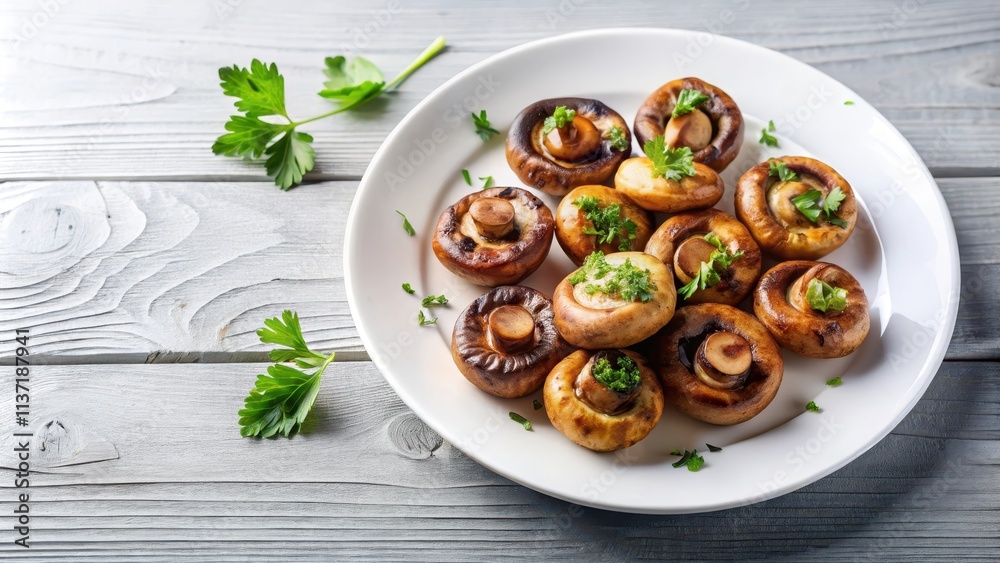 Grilled champignons served on a white plate, grilled, champignons, mushrooms, food, plate, vegetarian, delicious