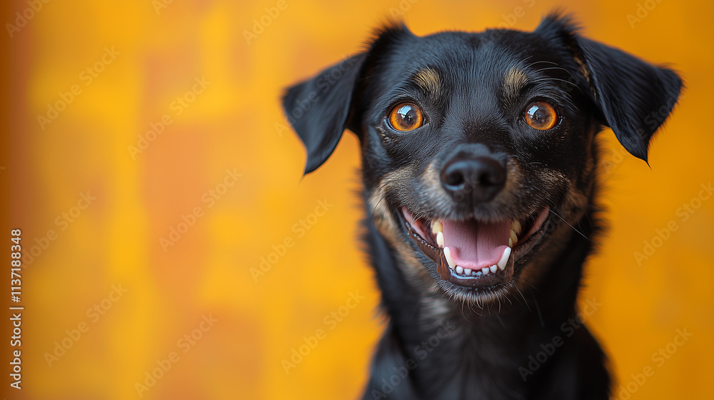 Black and Tan Dog Smiling Brightly in Front of a Warm Orange Background Black and Tan Dog Smiling Brightly in Front of a Warm Orange Background