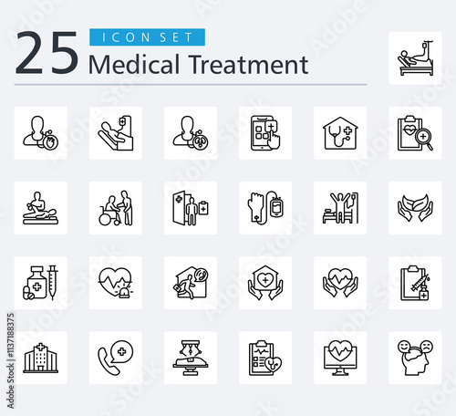 MEDICAL TREATMENT ICON PACK OUTLINE STYLE with cardiologist, chemotherapy, urologist, medical app, home health care, medical diagnosis, physical therapy, patient comfort  and therapy recovery 