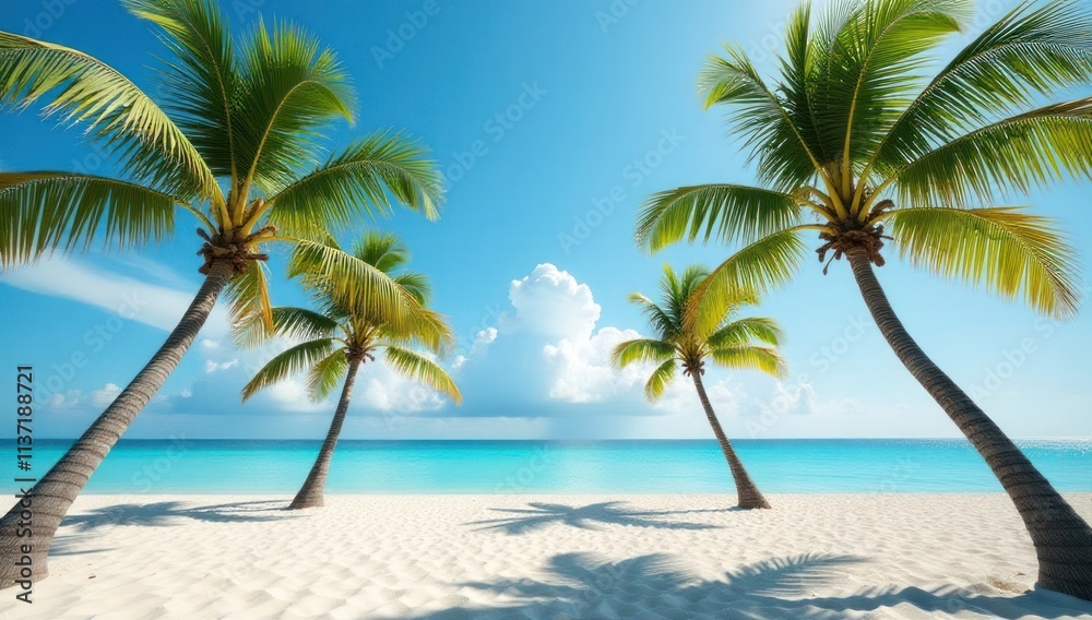 Idyllic Palm Trees on a Tropical Beach. Ideal for travel promotions, wellness branding, or natural themed business marketing