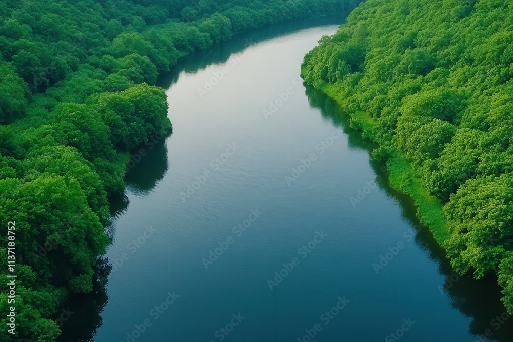 Serene Aerial View of a Curving River Surrounded by Lush Green Forests Reflecting Tranquility and Natural Beauty in the Heart of Wilderness Serene Aerial View of a Curving River Surrounded by Lush Green Forests Reflecting Tranquility and Natural Beauty in the Heart of Wilderness
