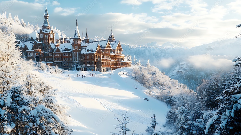 Majestic Winter Castle Amidst Snowy Mountain Landscape Majestic Winter Castle Amidst Snowy Mountain Landscape