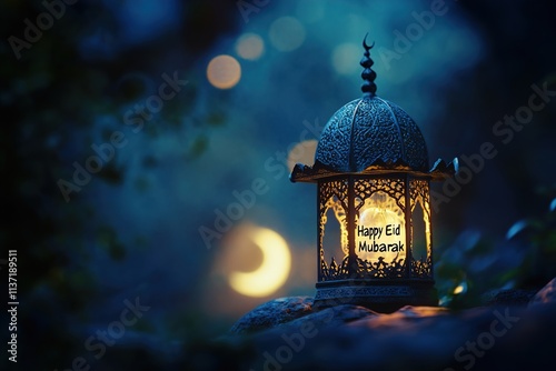 vector illustration of Eid al adha. Grey background with moon ,star, decorated lanterns. and the picture of mosques photo