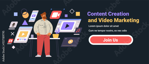 Content creation and video marketing concept Man standing among digital media icons and screens Dark background Website banner