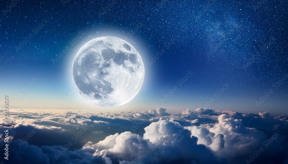 Fototapeta premium Moon Over The Clouds - Romantic Moon In Starry Night Over Clouds