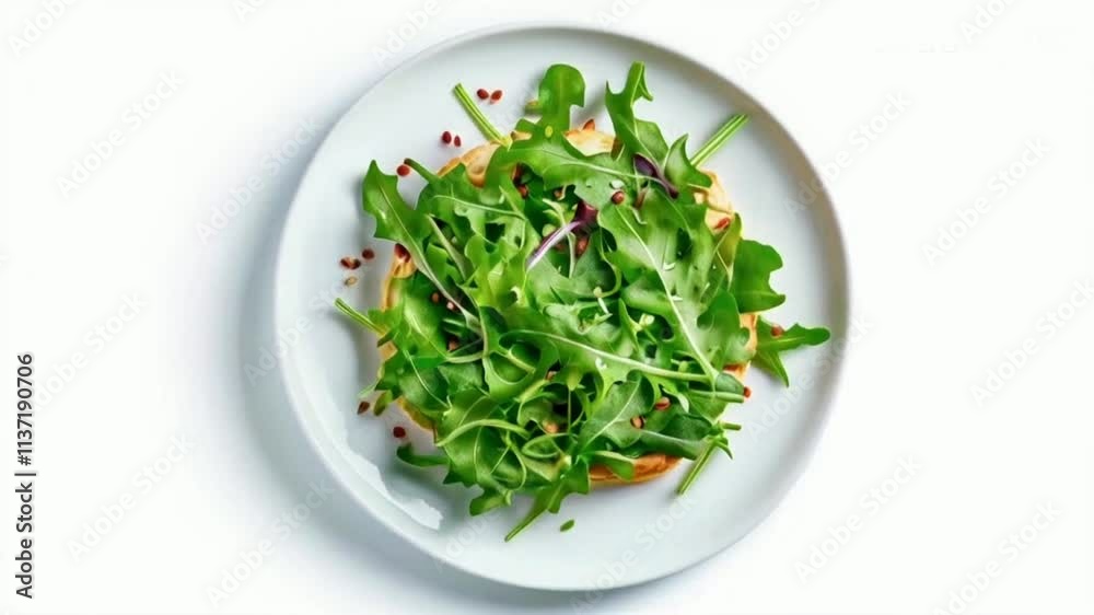 Rotate Plate with Arugula on white background. French pastry HD Video 4K Clip Rotate Plate with Arugula on white background. French pastry HD Video 4K Clip