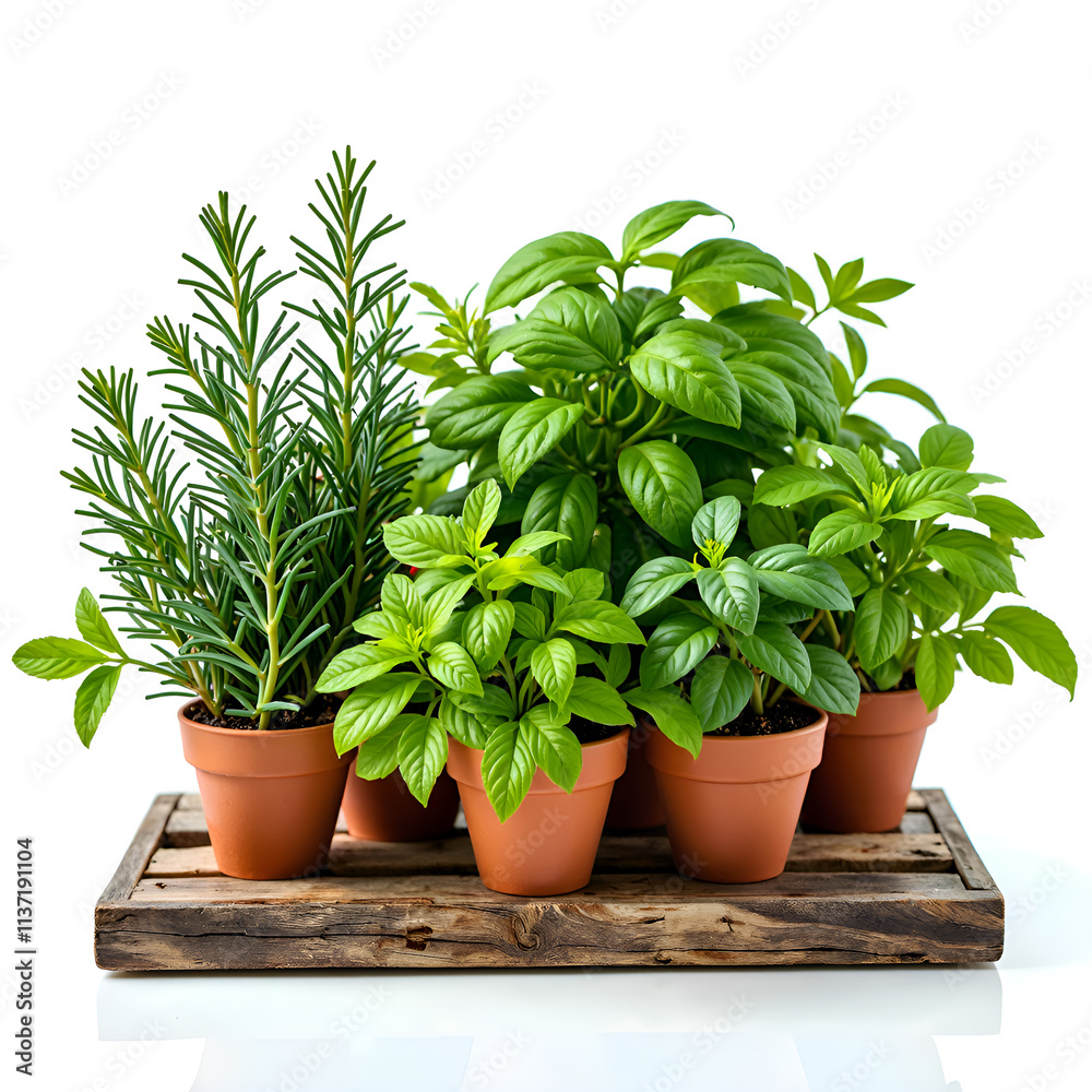 Fototapeta premium A vibrant display of potted herbs on a wooden tray for home decor inspiration, photography of still life concept.