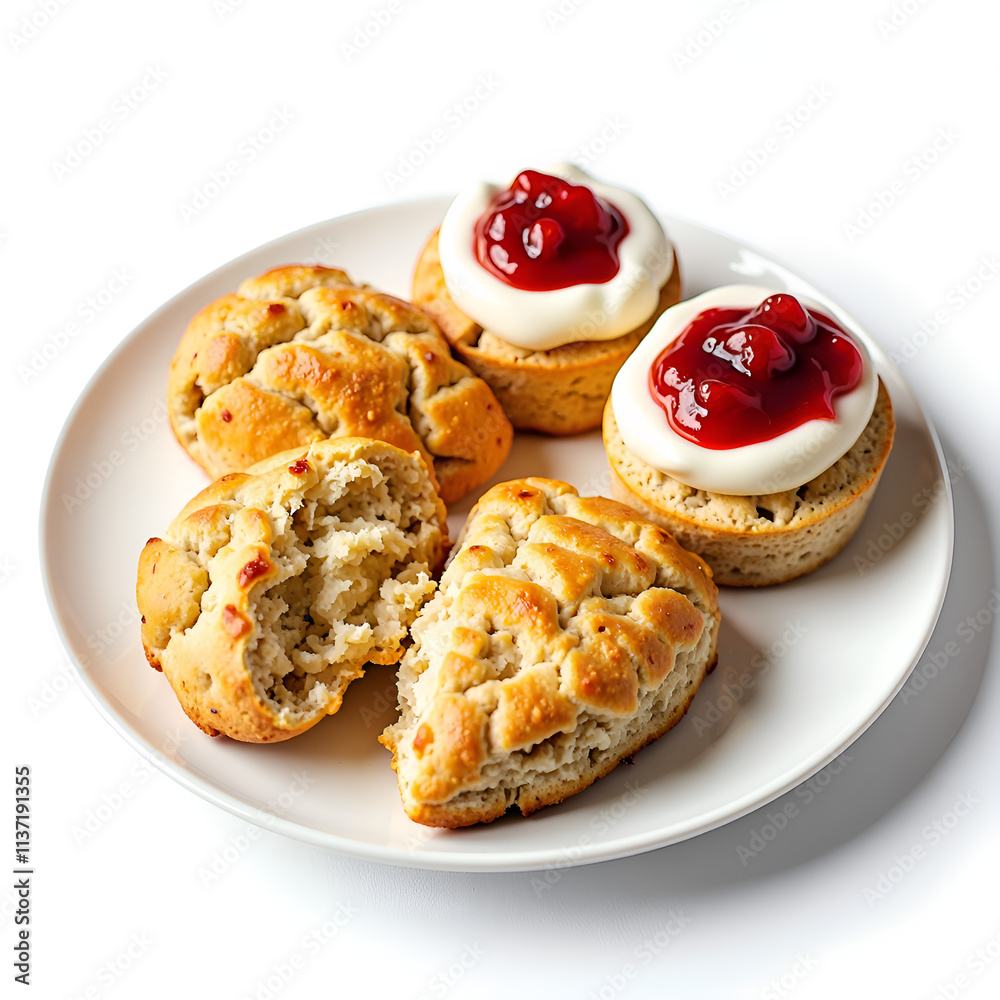 Delicious homemade cheddar scones and creamy berry topped cupcakes on a white plate, photography of food styling concept. Delicious homemade cheddar scones and creamy berry topped cupcakes on a white plate, photography of food styling concept.