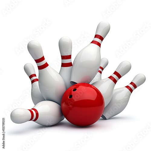 Bowling Ball Striking Pins Isolated on White Background