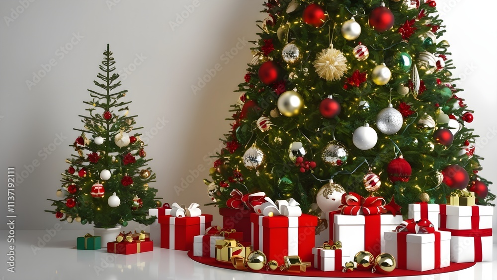 Beautifully Decorated Christmas Tree with Ornaments and Gifts on White Background. Beautifully Decorated Christmas Tree with Ornaments and Gifts on White Background.