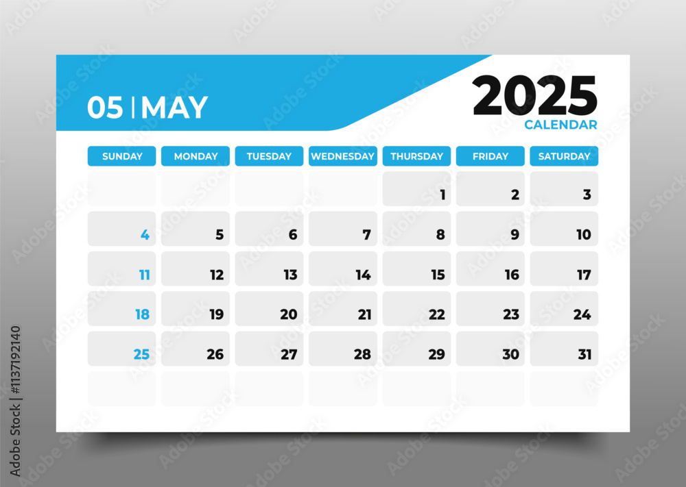 Business Desk Calendar May 2025 in flat style.starting from sunday template in horizontal design