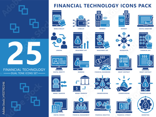 Financial technology dual tone icons pack, contain online banking, e-wallet, payment, landing, blockchain, ecommerce and more. vector EPS 10 .use for UI, UX financial theme, app and web development.