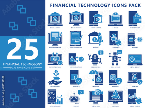 Financial technology dual tone icons pack, contain online banking, e-wallet, payment, start up, insurance, ecommerce and more. vector EPS 10 .use for UI, UX financial theme, app and web development.