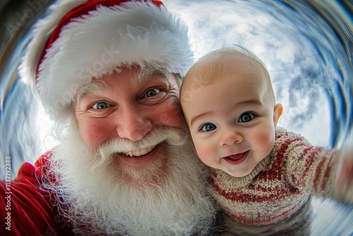 Cheerful break season, Ñute baby boy cheerful with santa claus. Christmas marketing concept artwork for poster and digital marketing use. Holiday snowflakes ads. Festive lights advertising. photo