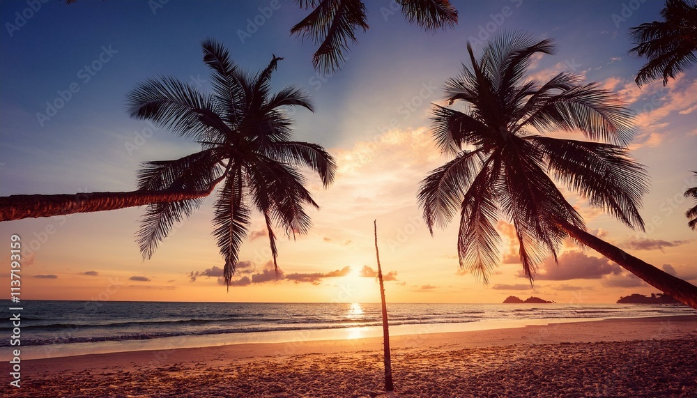 Fototapeta premium Sunset On The Beach - Palm Trees Silhouettes On Tropical Beach At Sunset.