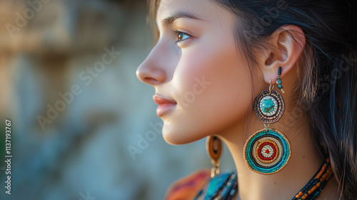 A woman in handmade earrings featuring natural stones and ethnic design, a beautiful example of artisanal jewelry photo