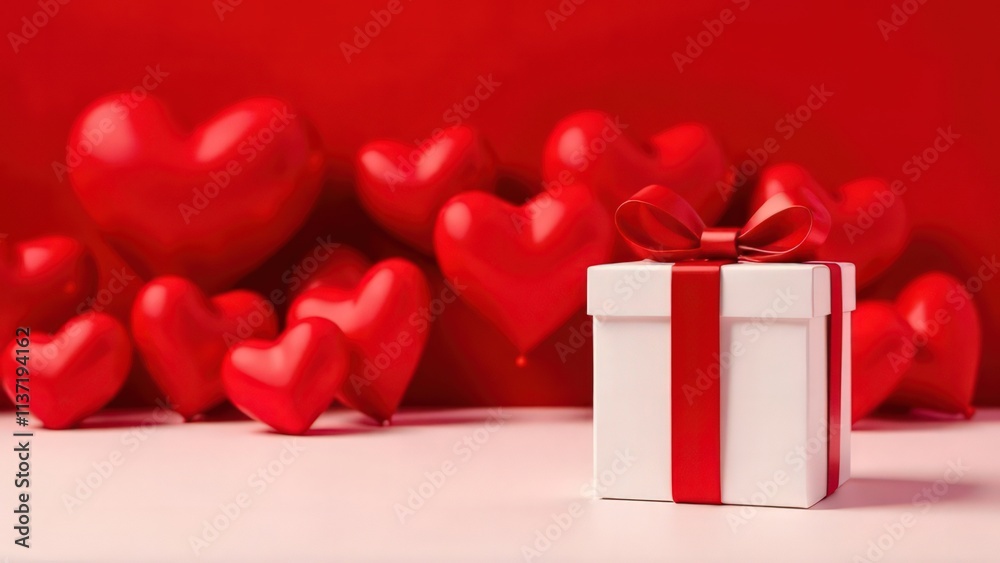close-up of a white gift box on a right side with a red ribbon, blurred red background with red heart-shaped balloons close-up of a white gift box on a right side with a red ribbon, blurred red background with red heart-shaped balloons
