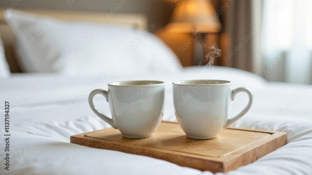 close up on a bed with white sheets there is a wooden board with two white cups of coffee close up on a bed with white sheets there is a wooden board with two white cups of coffee