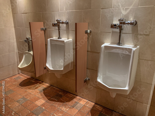 Row of white ceramic urinals in men's bathroom.