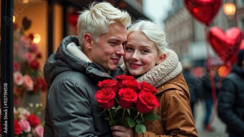 man with blond hair in a grey winter jacket hugs a happy woman with blond hair in a brown jacket with a bouquet of red roses on the background of flower shop with heart-shaped balloon