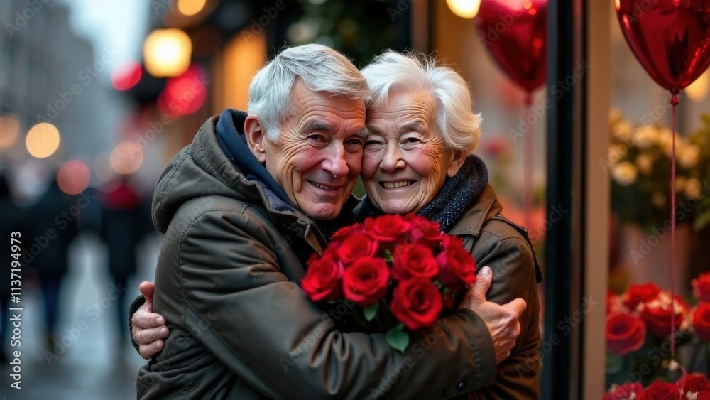 elderly gray-haired man in a grey winter jacket hugs an old gray-haired happy woman in a brown jacket with a bouquet of red roses on the background of flower shop with heart-shaped balloon elderly gray-haired man in a grey winter jacket hugs an old gray-haired happy woman in a brown jacket with a bouquet of red roses on the background of flower shop with heart-shaped balloon
