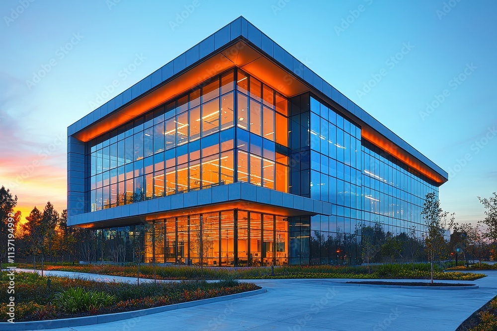 Modern Building Architecture at Night with Illuminated Facade Modern Building Architecture at Night with Illuminated Facade