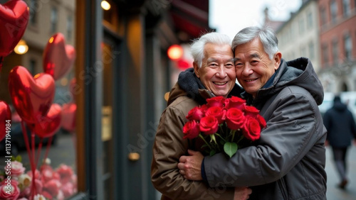 elderly gray-haired man in a gray winter jacket hugs an old gray-haired happy man in a brown jacket with a bouquet of red roses on the background of flower shop with heart-shaped balloon