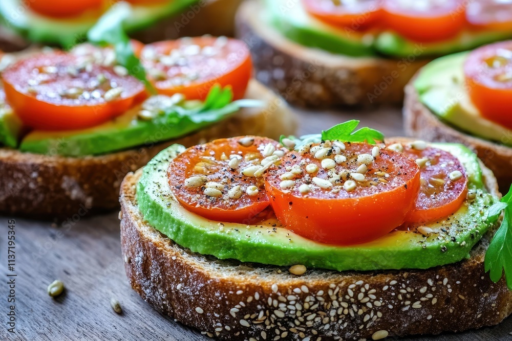 Fresh Avocado and Tomato Toasts on Rustic Wood Surface