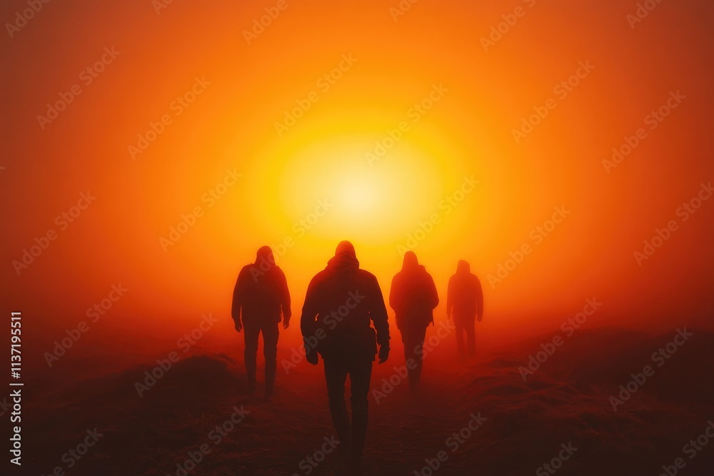 Silhouetted figures walking towards a fiery sunset Silhouetted figures walking towards a fiery sunset