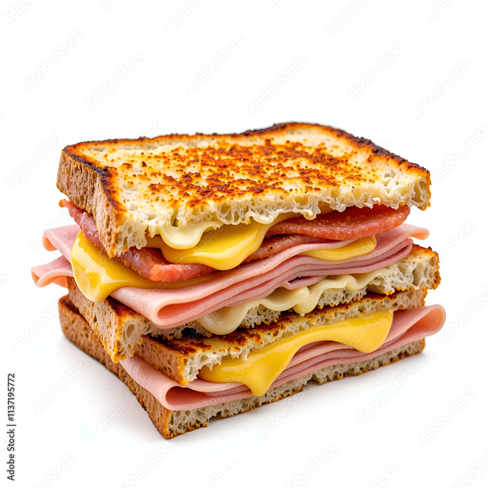 A tasty tower of grilled cheese with layers of salami and ham on toasted bread, photography of food concept. A tasty tower of grilled cheese with layers of salami and ham on toasted bread, photography of food concept.