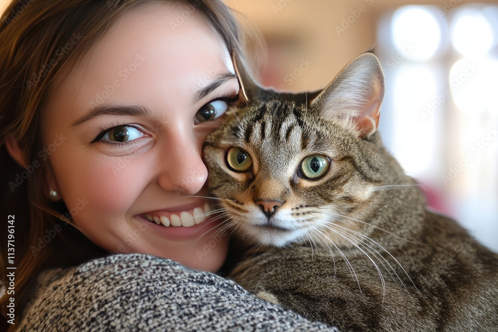 Woman smiling warmly with tabby cat nestled close Woman smiling warmly with tabby cat nestled close